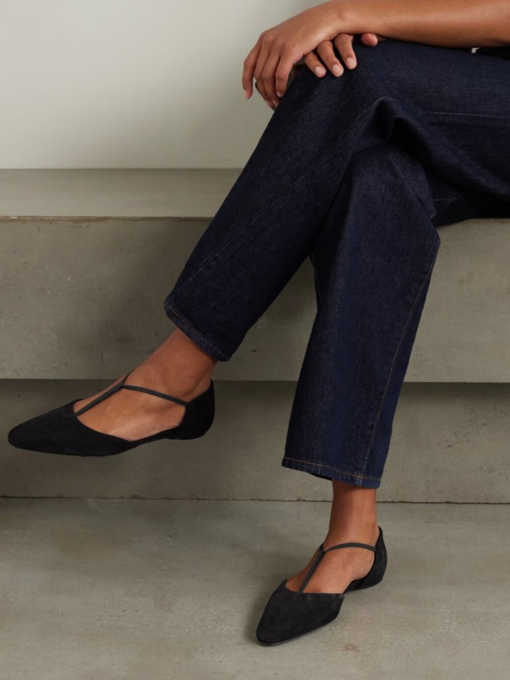 TOTEME The T-Strap Suede Point-Toe Flats Black EU 39 US 9